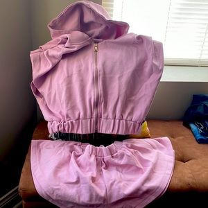 Two piece short, joggers, set with cropped hoodie and ruffled hem shorts